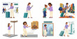 © Raonsw - Set of flat vector illustrations of women traveling with suitcases and using smartphones for navigation at airports, city streets, and hotels.