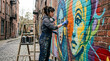 © Hokiia - A dedicated female street artist uses aerosol spray cans to paint a vibrant colorful mural on a weathered brick wall in an narrow urban cobblestone alleyway during a productive outdoor working