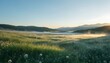 © Anuwar - Early morning mist over a grassy meadow with rolling hills and soft sunlight