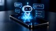 © resky - Glowing blue holographic robot chatbot projecting from smartphone screen with support menu and chat bubbles