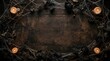 © Tosher PNG - Gothic wreath frame with black roses and candles on dark weathered wood planks for mystery background
