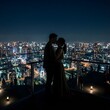 © 행운 행 - 반짝이는 도시 야경을 내려다보며 함께 서 있는 남녀 연인의 실루엣 뒷모습 사진Silhouette back view photo of a couple standing together looking down at the sparkling city night view
