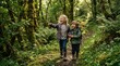 © Nancyoy - Two happy children exploring a lush green forest path together.