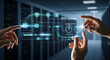 © Jetsada - Professional technicians performing automated data cleaning operations on a digital holographic interface within a high-tech server room facility