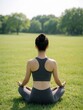 © miss irine - Woman meditates in lotus pose on green grass in park. Female practices yoga outdoors, finding inner peace. Active lifestyle, mindful breathing, calm nature background.