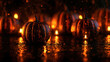 © Keopaserth - Halloween pumpkin orange glow dark background reflective surface candle light spooky decoration festive mood luxury banner black backdrop pumpkin patch