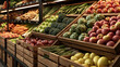 © MDRAFIQUL - Fresh fruits and vegetables organized in wooden market crates inside grocery store for balanced diet and healthy shopping lifestyle.