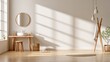 © Anat art - Space shows a Montessori bathroom setup featuring a child-height stool, towel hook, and mirror, with wooden accessories and warm light.