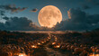 © Arslan - Full moon rising over a pumpkin patch with glowing lanterns along a path at night