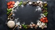 © cane1abubakar - Fresh pizza ingredients arranged as a square frame on a dark rustic stone background with copy space