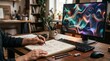 © Worlds Art - Creative artist holding pencil drawing sketches in paper notebook while looking at bright colorful abstract digital graphics on computer monitor