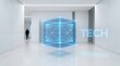 © Oji - Futuristic minimalist corridor with a vibrant digital data cube and 'TECH' display, highlighting cutting-edge innovation and digital transformation