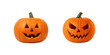 © MJ iceberg - Two carved orange Halloween pumpkins with contrasting happy and scary facial expressions isolated on a clean white background, featuring classic jack-o-lantern designs for autumn holiday decoration