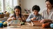 © Azor - Smiling diverse children learning to weave with colorful yarn and a teacher in a bright, cozy room
