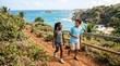 © Azor - Two happy children hiking on a coastal path overlooking a tropical beach and turquoise ocean
