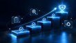 © Ahmed - Glowing blue digital staircase leading to trophy symbolizing business success and goal achievement with holographic checklist search and gear icons representing strategic workflow progression