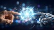 © Muhammad - Robotic hand and human finger reaching toward glowing digital sphere representing advanced connectivity, artificial intelligence, networking, innovation, and futuristic data technology