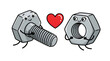 © KismatAra - Cute cartoon bolt and nut in love with red heart illustration