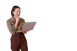 © Komora - Asian businesswoman thinking, smiling, and working on a laptop. She is wearing casual office attire. Transparent background