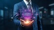 © Abuhumed - Businessman in Formal Suit Presenting Futuristic Digital Hologram Interface with Customer Experience Text and Service Icons for Marketing, Brand Loyalty, and Business Strategy Optimization