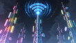 © Graphic - Telecommunication transmission towers with glowing wifi signals. Wireless network infrastructure and data connectivity. Broadcast radio antenna masts transmitting radio waves at night