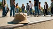 © Viktor - Group of young skateboarders hangout at sunny outdoor skatepark, socializing near concrete ramps. One skater wears bucket hat, friends enjoy recreation, community vibes.
