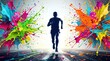 © RUNA - Silhouette of a man running fast with colorful paint splashes and ink splatter effects around him