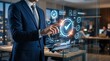 © Arts creat - A professional businessman in a suit interacting with a futuristic digital holographic interface showing quality assurance and compliance checkmarks in a modern corporate office