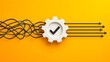 © Kathy Mathews - Business process optimization concept with white gear and checkmark transforming tangled lines into organized directional workflow for efficient management