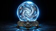 © Shazim - A glowing crystal ball containing a swirling vortex of spirits on a dark ornate stand with resting decorative metallic skull base