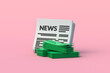 © OlekStock - Financial news. Daily market report. Global investment analytics review. Journalistic investigation of economic crimes. Monetary policy update publication. Newspaper beside banknotes. 3d render