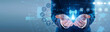 © CyberFrame - Expert hands hold glowing TELECOMMUNICATIONS icon. Engineer managing broadband signals, optimizing wireless networks on futuristic virtual screen interface. Concept of global data connection.