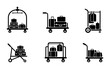 © Jannatul  - Hotel luggage cart icon set, black trolley vector icons, baggage cart graphic symbols