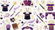 © Halima - Magic show vector icon set with rabbit in top hat magic wand cards and illusion elements