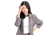 © Background - Stressed Young Asian Businesswoman Holding Her Head in Pain or Worry Isolated on White