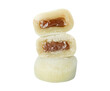 © bdstockfile - Stack of yellow mochi sweet cakes with dark caramel chocolate fill.