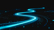 © fanjianhua - A glowing cyan neon light path curves through a dark space, surrounded by scattered particles, creating a futuristic digital visual effect.