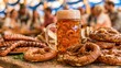 © Nart - A foamy beer stein sits on a rustic table surrounded by pretzels and sausages at a Bavarian festival. Warm sunlight and lively guests create a classic Oktoberfest atmosphere.