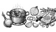 © Bithi - Onion Cooking Pot Slices and Vegetable Engraved Line Art Illustration