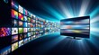 © Oleg - Modern smart television screen with curved wall of streaming video thumbnails, representing television broadcasting, digital entertainment service and video on demand technology.