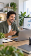 © Graphic Dude - Customer support representative working from home office man with headset using laptop for video call and analyzing business data on screen remote work online consulting virtual communication