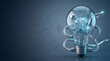© JENANG-SUMSUM - Conceptual 3D Illustration of a Glass Light Bulb Filled with a Glowing Human Brain, Mechanical Gears, a Rocket, and Financial Charts Representing Artificial Intelligence, Innovation, and Success.