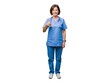 © Mishkat Uddin Rahat - A smiling mature female nurse wearing blue scrubs giving a thumbs up gesture