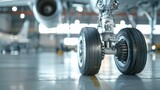 aviation maintenance. Aircraft landing gear with wheels and brake assembly positioned on a polished floor inside a modern hangar with blurred airplane in the background
