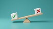 © BondGraphics - Comparing pros and cons using a wooden scale with positive and negative symbols.