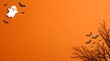 © Tania Akter - Halloween Background with White Ghost Black Bats and Dry Branches on Orange Surface Minimalist Spooky Autumn Holiday Flat Lay with Copy Space