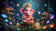 © thiago - A whimsical depiction of baby Ganesha sitting in a mystical forest setting, surrounded by glowing flowers, mushrooms, and butterflies.