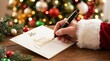 © Jafree - Santa writing christmas greeting card by hand in festive holiday setting with twinkling lights and decorations