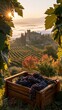 © Joyce - a vineyard scene. A wooden crate filled with dark purple grapes sits in the foreground, surrounded by lush green grapevines. The sun casts a warm, golden light on the scene.