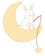 © ximoory - un lindo conejito blanco pescando una estrella sentado en la luna